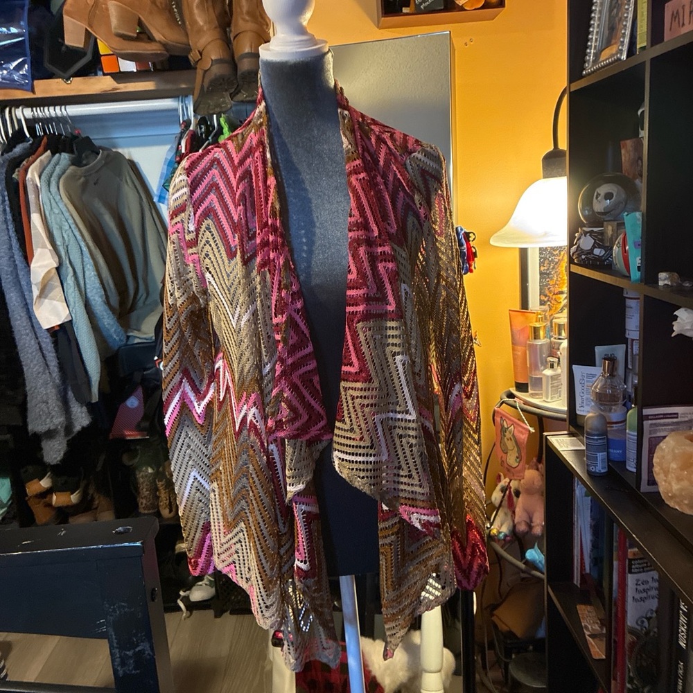 Open Front Chevron Knit Cardigan Jacket - Pink & Brown